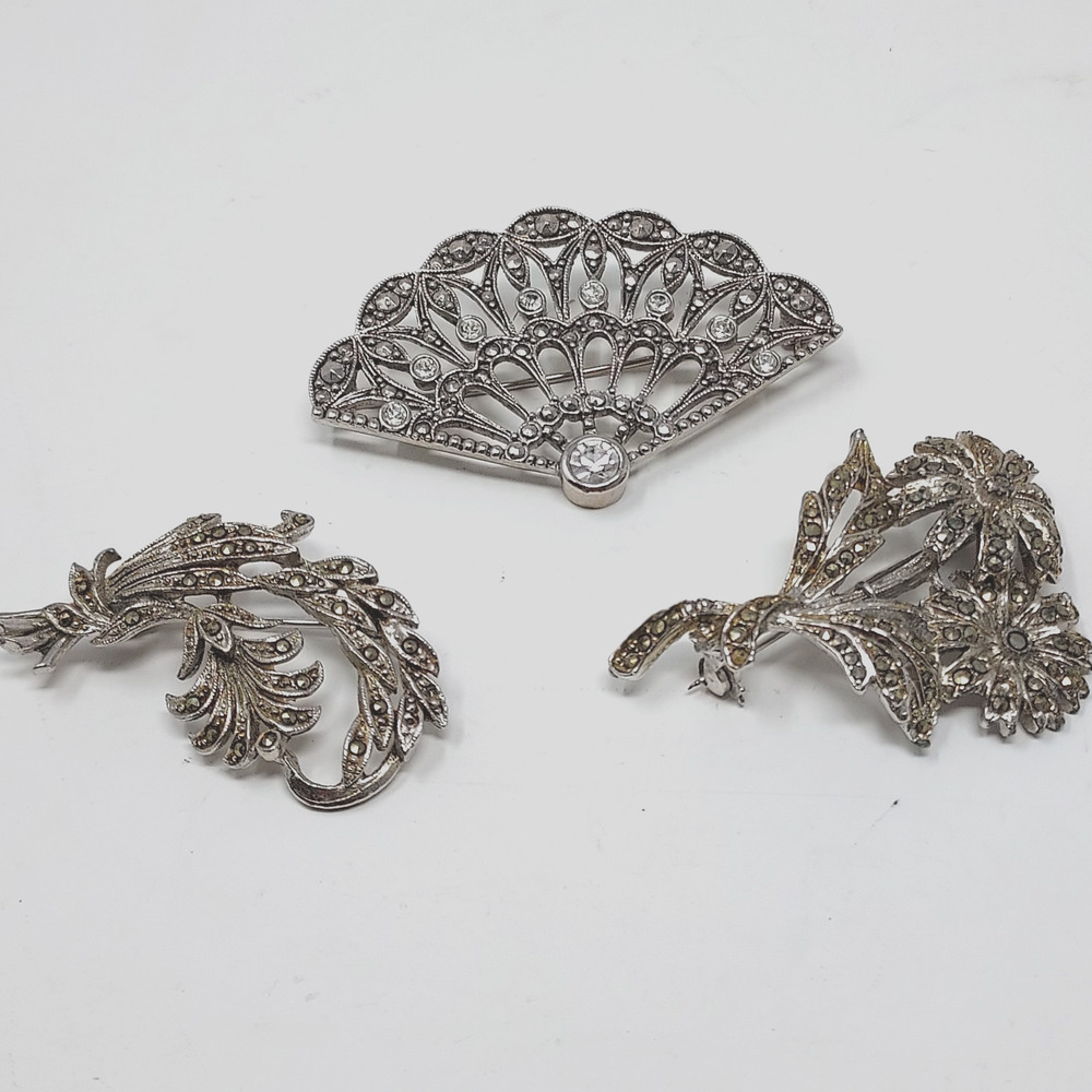 Vintage Lot of 3 Brooches 2 Pot Metal 1 Newer Avon Silver Tone Clear Marcasites